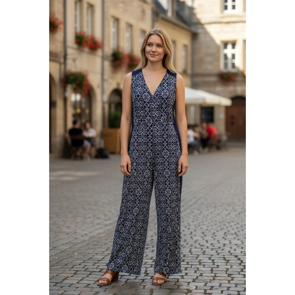 Elevenses Navy White Geometric Print Sleeveless V Neck Maxi Dress Women 8